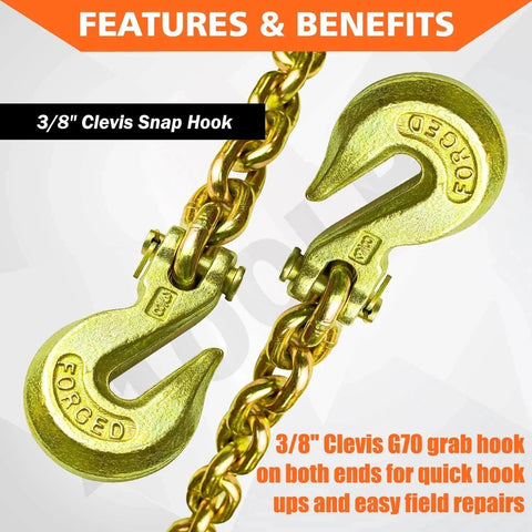 3/8" Clevis Snap Hook features of G80 Transport Binder Chain Three Eighths Inch Ten Foot Clevis Grab Hooks Safe Working Load 7100 Lbs for Tie Down Towing