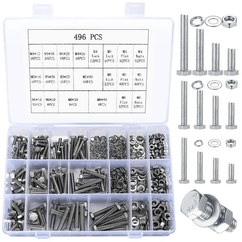 304 Stainless Steel Hex Bolts Nuts And Washers Kit With 496 Pieces, Metric M4 M5 M6 Assortment in plastic storage box