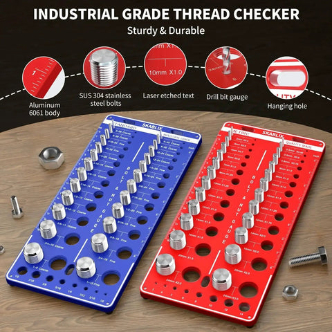 68 Nut and Bolt Thread Checker Kit With 26 Standard and 26 Metric Bolt Gauges and 16 Drill Bit Gauges on display table.