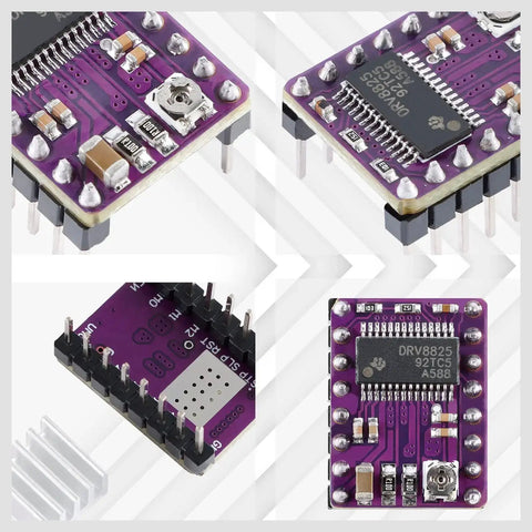 Collage of DRV8825 Stepper Driver Module for 3D Printers and Robotics, 45V 2.5A bipolar motor driver, showing different angles and heat sink.