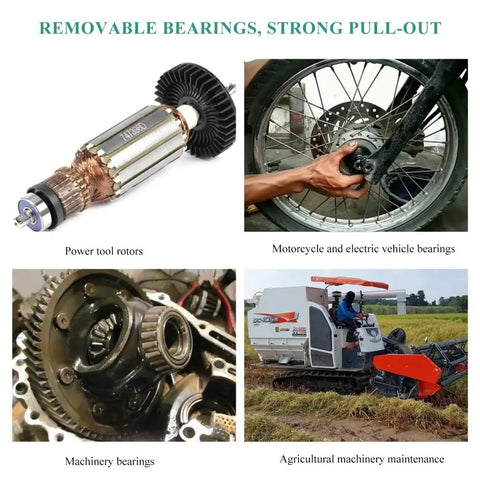 Collage showing power tool rotors, motorcycle and electric vehicle bearings, machinery bearings, and agricultural machinery.