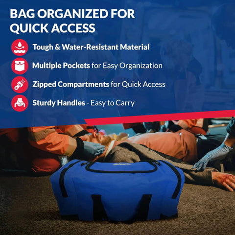 Fully Stocked Trauma First Aid Kit In First Responder II Bag with tools, blue emergency kit with compartments for home, work, travel