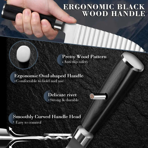 Close-up of Crinkle Cutter Knife With Wavy Blade For Potatoes And Veggies Dragon Creek Stainless Steel Chopper handle details.