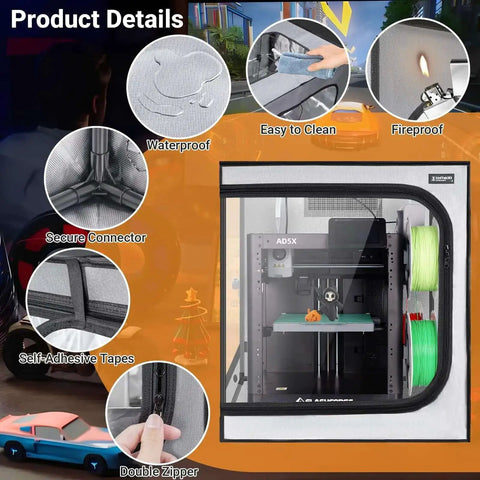 Detailed view of durable 3D printer enclosure showcasing features like fireproof material, secure connectors, and integrated ventilation kit.