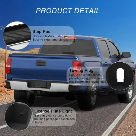 Chrome Rear Step Bumper For 2014 To 2018 Chevy Silverado GMC Sierra 1500 No Park installed on a blue truck showing features.