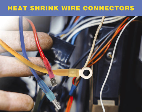 Haisstronica heat shrink spade connectors set on wires; insulated red, blue, yellow male and female terminals