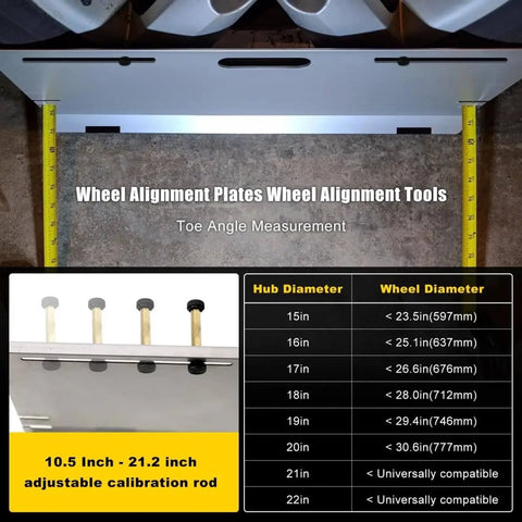 Stainless Steel Wheel Alignment Tool Plates 2 Pack With Tape Measures Magnetic Slots And Hanging Holes For Easy Storage Pro Grade Universal Toe Alignment Tool For Cars Trucks SUVs And All Vehicles showing measurements and compatibility chart.
