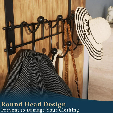 Over The Door Organizer With Nine Coat Hooks And Two Mesh Baskets For Towels And Small Essentials, black finish with hat and coat