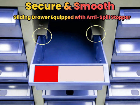 Close-up of a drawer in a Heavy Duty 100 Drawer Parts Cabinet With Metal Frame For Nuts Bolts And Small Hardware In Garage Workshop And Classroom Storage Organizer Durable ABS Drawers And Sturdy Metal Body Keeps Tools And Components Tidy And Accessible, showing sliding mechanism and anti-spill stopper.