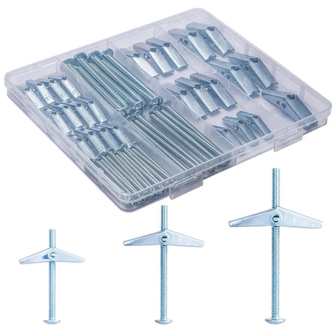 28Pcs Toggle Bolts For Drywall Kit With Butterfly Wing Nuts And Screws, Wall Anchors For Drywall And Ceiling, Picture Hanging Kit And Furniture Anchors, Includes Three Sizes One Eighth Inch, Three Sixteenth Inch And One Quarter Inch in a plastic case with individual compartments.