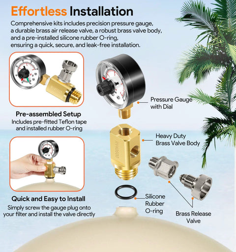 Brass air relief valve with pressure gauge and O-ring for pool filter replacement parts