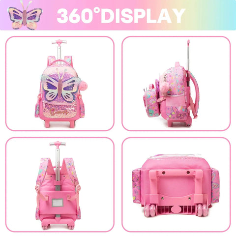 Rolling Backpack With Wheels For Girls 3 In 1 Travel Luggage Set Includes Lunch Box And Pencil Case Perfect For School And Sleepovers