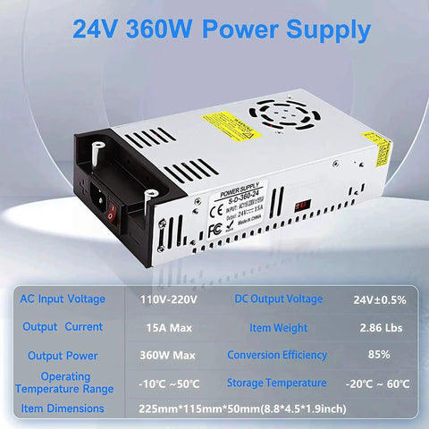 AC To DC 24V 15A 360W Power Supply Universal Regulated Switching Converter 110 To 220V Input For LED Strip Light CCTV Security Camera Radio And Other Low Voltage Projects shown in a side view.