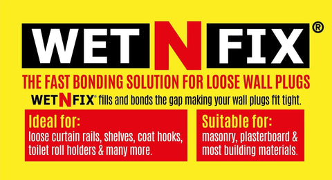 Product packaging displaying "WET N FIX" for fastening loose wall plugs.