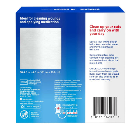 Back packaging of Tru Absorb Sterile Gauze Sponges, 50 count for cleaning wounds with product details and barcode visible.