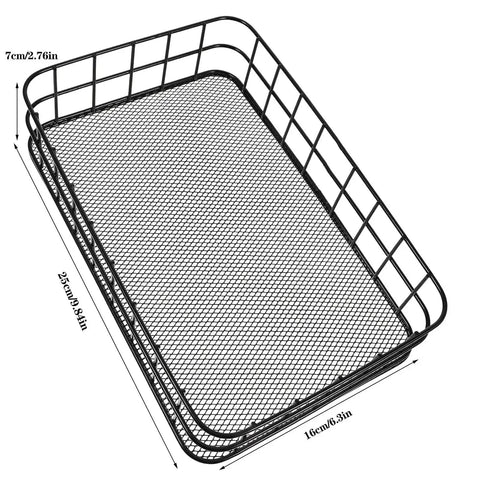 Black Metal Wire Cabinet Organizer And Storage Rack With Iron Grid Mesh Basket, space-saving tray net, dimensions shown