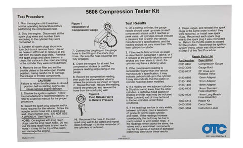 Instruction card for Engine Compression Tester Kit with 14mm Flex Probes and 10 12 18mm Adapters detailing usage steps.