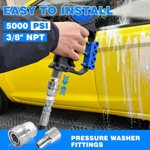 Person using Three Eighths Inch NPT Pressure Washer Adapter Set with 12 Piece Stainless Steel Internal Thread Quick Connectors For 5000 PSI TasuoX Heavy Duty Quick Connect Hose Fittings Kit Featuring Three Eighths NPT Female And Male Connections to wash a yellow car.