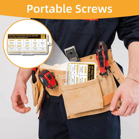 330 Pcs M3 Brass Standoffs And Screws Nuts Kit For DIY PC Build Raspberry Pi Projects shown in a tool belt for portability