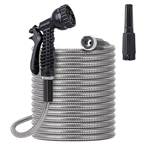 FOXEASE metal water hose 25 ft stainless steel with 2 nozzles and spray gun