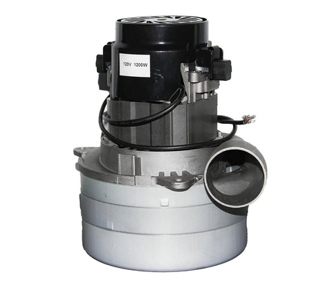 LifeSupplyUSA central vacuum motor assembly, 120V 1200W, black top with wires and gray blower housing with side discharge