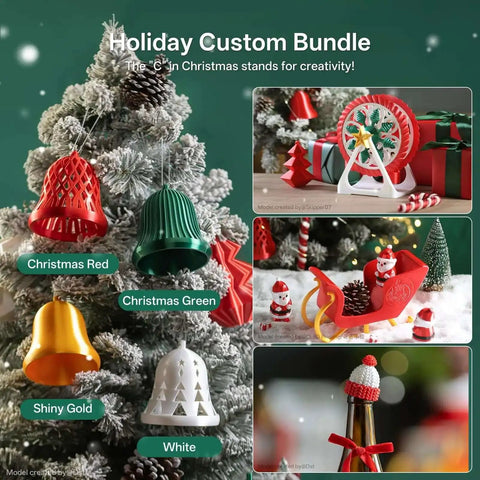 Holiday decorations made with Silk PLA 4KG Bundle for 3D Printing with 1.75mm Filament, in Christmas colors and festive shapes.