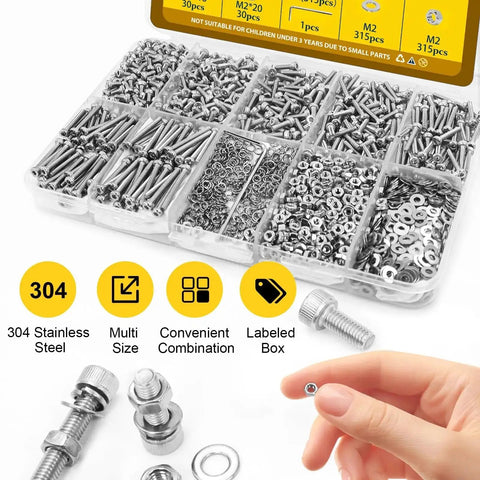 Mega M2 Hex Socket Head Cap Screw Set 1260 Pieces Stainless Steel 304 shown with labeled box, bolts, nuts, washers, and wrench.
