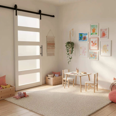Frosted Glass Sliding Barn Door With Five Lite Panels Six Foot Hardware Kit And Handle Included in modern room