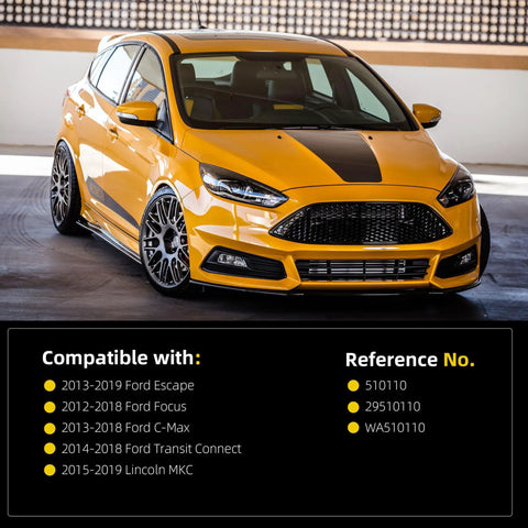 Yellow Ford Focus with compatibility chart for 2 Pack Front Wheel Bearing Assembly For Ford Escape 2013-2019, Focus 2012-2018, C-Max 2013-2018, Transit Connect 2014-2018, Lincoln MKC 2015-2019 - Right Or Left Front Wheel Bearing Replacement