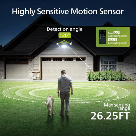 Dope Solar Flood Light With Motion Sensor For Outdoors illuminating driveway with 120-degree detection range and 26.25ft sensing distance