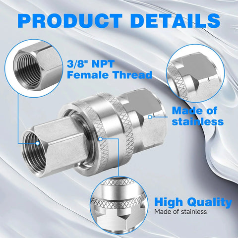 Three Eighths Inch NPT Pressure Washer Adapter Set With 12 Piece Stainless Steel Internal Thread Quick Connectors For 5000 PSI TasuoX Heavy Duty Quick Connect Hose Fittings Kit Featuring Three Eighths NPT Female And Male Connections, showing 3/8" NPT female thread and stainless steel material details.