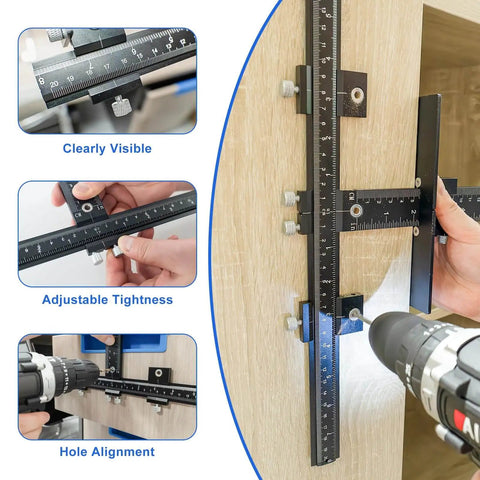 Adjustable Cabinet Handle Template Tool For Doors And Drawers Aluminum Alloy Jig in use for accurate hardware alignment