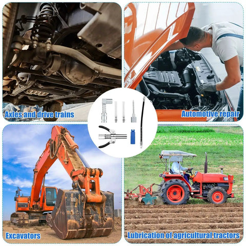 Collage showing Grease Gun Accessory Kit With Hose 90 Degree Coupler Set Including Needle Dispenser Two Needle Nozzles in use