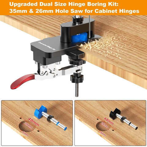 Effortlessly install cabinet hinges with precision using this all metal jig featuring carbide tipped 26mm and 35mm bits, dual depth lines, and a quick clamp for fast, accurate hinge cup drilling and secure mounting.