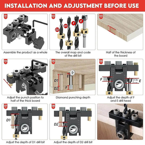 Installation guide for 3-In-1 Dowel Jig Kit with self-centering, doweling, pocket hole jig, and positioning clip for DIY assembly.