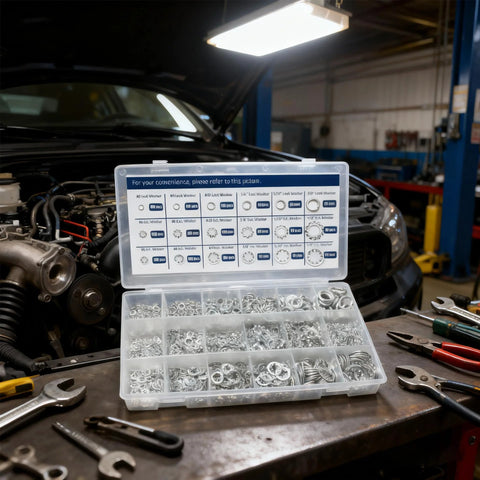Washer assortment kit in clear case; carbon steel, zinc-plated lock washers, 1400 pcs, sizes #6–#10 and 1/4–3/8 in.