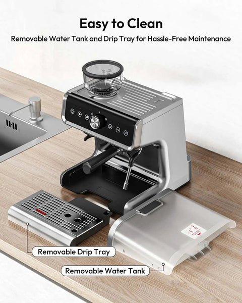 Espresso Machine With Built In Grinder And Milk Frother 20 Bar Coffee Maker For Home Baristas Removable Water Tank shown
