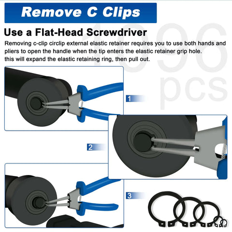 External Retaining Ring Kit Set All In One 1095 Piece Circlip Snap Ring Assortment black alloy steel usage diagrams with pliers.