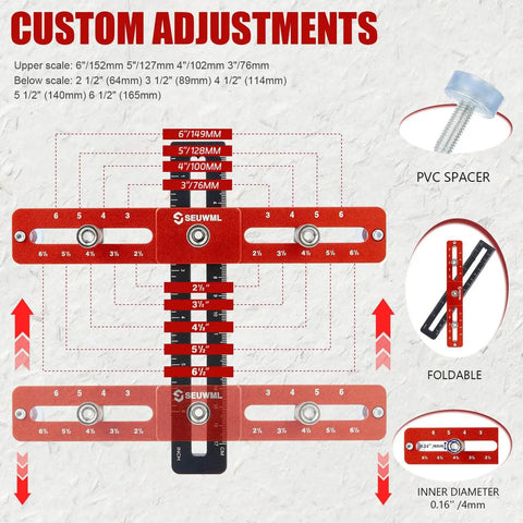 Effortlessly align cabinet hardware with a precision adjustable jig that supports multiple hole spacings, foldable design shown