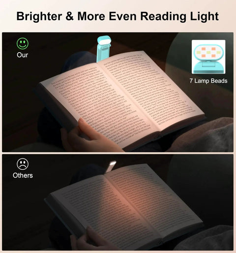 Comparison of two reading lights on a book page; top shows a Rechargeable Clip On Reading Light With 3 Color Temps And 5 Brightness Levels, bottom shows dimmer light.