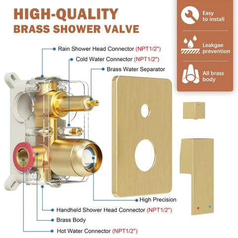 Diagram showing a brass shower valve system with connectors, including a rain shower head connector and handheld connector.