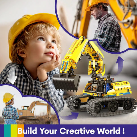 LECPOP 5-in-1 building toy STEM robotics kit, 430-piece blocks RC excavator on tracks in yellow and grey
