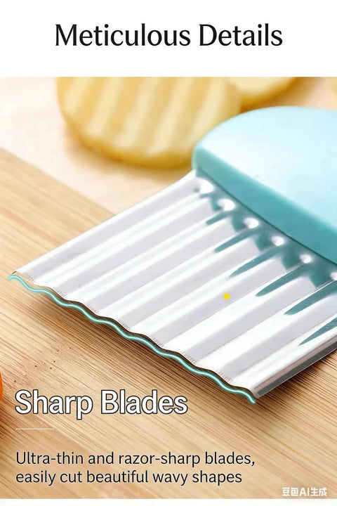 Close-up of a stainless steel wavy blade from a 4 Piece Crinkle Cutter Set For Veggies Stainless Steel Wavy Cutter Ideal For Potatoes Carrots Chips Lettuce And Butter Assorted Colors Black Blue Pink Kid Friendly Durable ABS Handle Safe Kitchen Tool