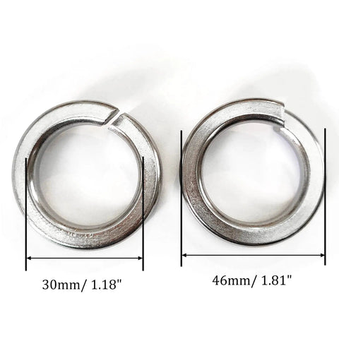 Front view of two stainless steel split lock washers, 30mm and 46mm outer diameters.
