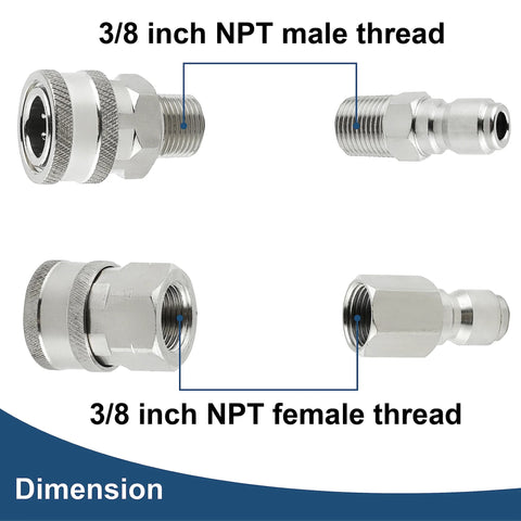 Raincovo stainless steel 8-piece pressure washer quick-connect adapters with 3/8 in NPT male and female threads.