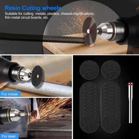All In One 44 Piece Cutting Wheel Kit for Dremel Rotary Tools, showing resin cutting wheels in use on metal and wood surfaces.
