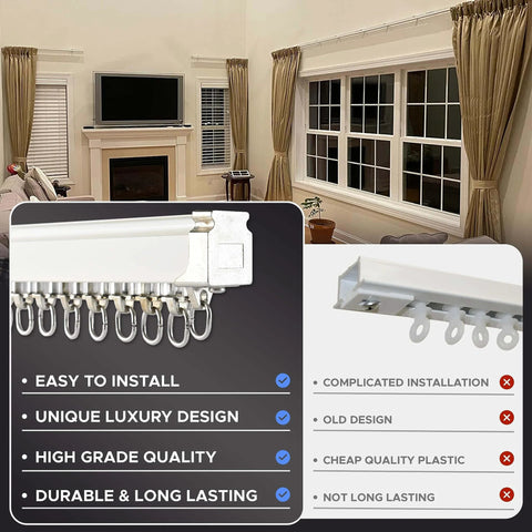 Heavy Duty Ceiling Curtain Track Set With Ceiling And Wall Mounts, visible installation, aluminum rail system in living room.