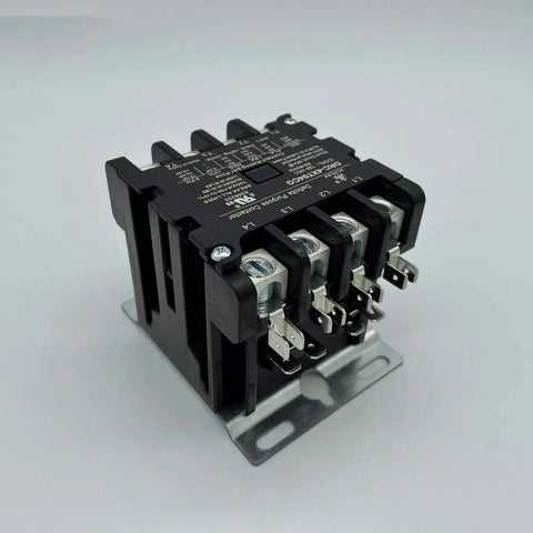 4 Pole 40 Amp 120V Coil Contactor For HVAC And Refrigeration Systems, front angle view, heavy-duty contactor on metal base.
