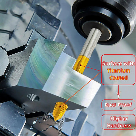 Micro Metric Tap Set With Tap Wrench, 10 Piece Ti Coated M2 HSS Thread Taps in action on metal block, highlighting titanium coating benefits