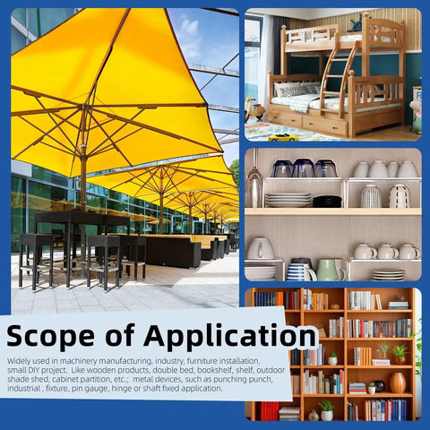 Collage showcasing bunk beds, kitchen shelves, outdoor yellow umbrellas, and bookshelves for 110 Piece Stainless Steel Dowel Pins Kit use.